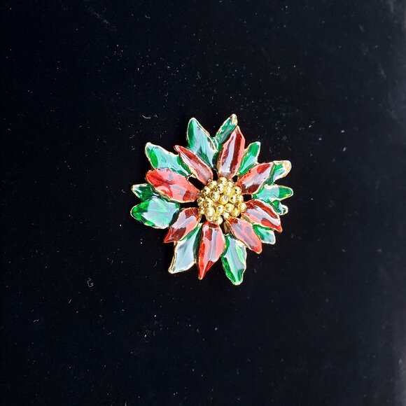 Vintage Poinsettia Flower Christmas Enameled Brooch Pin - Picture 4 of 9